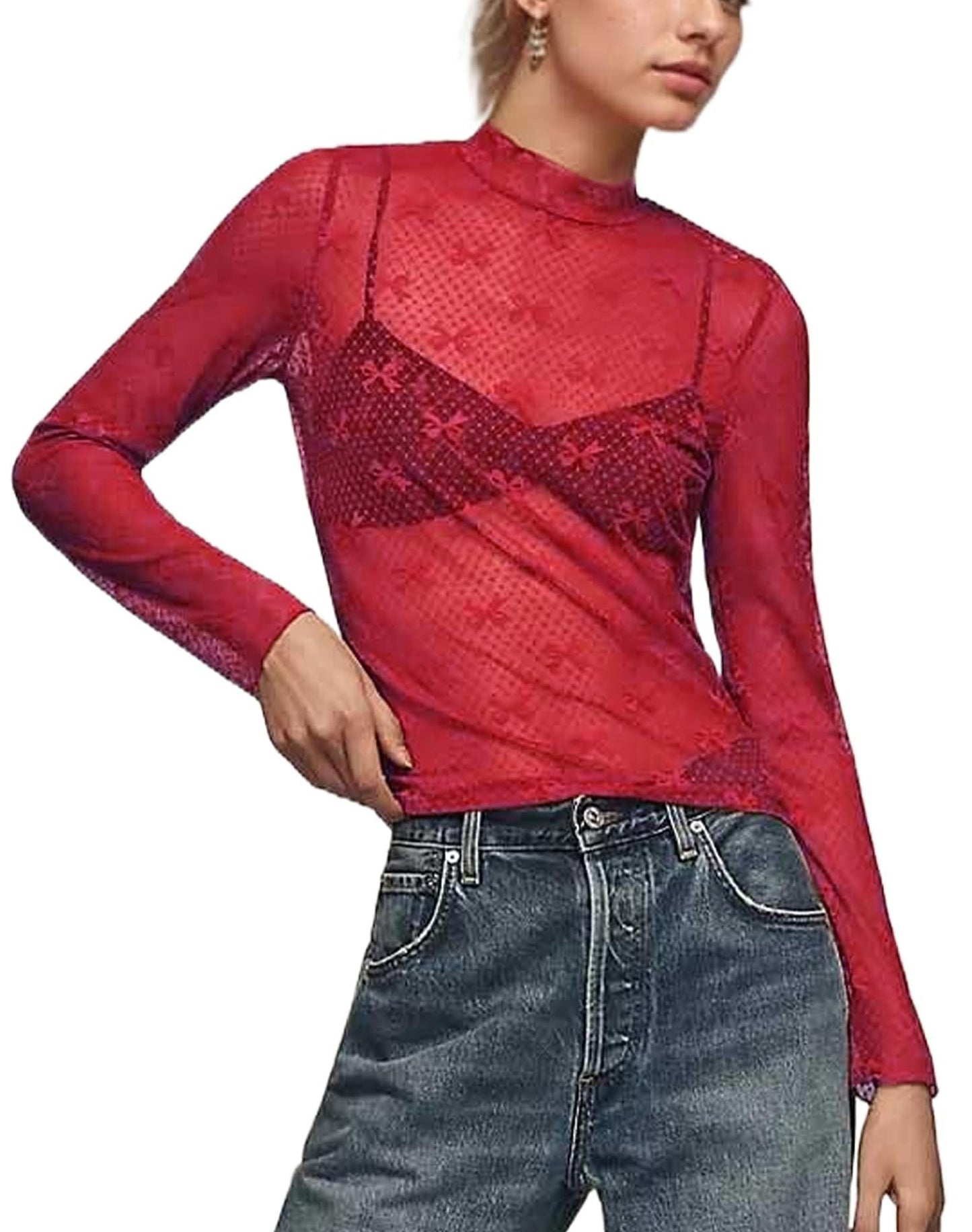 Bow Print Mesh Top with Long Sleeves and Mock Neck