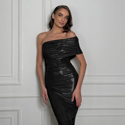 One-Shoulder Sleeveless Hip-Hugging Mini Dress Solid Color