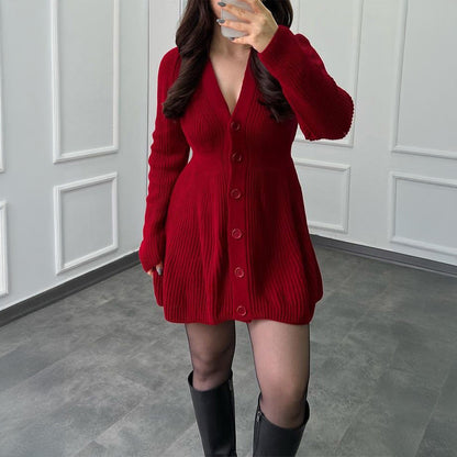 Ribbed Knit A-Line Cardigan Dress with V-Neck and Button Front