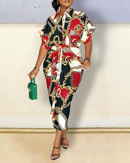Printed Shirt Dress with Short Sleeves and Tie-Waist