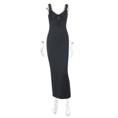 Bodycon Maxi Dress with Lace Patchwork and Deep V-Neck