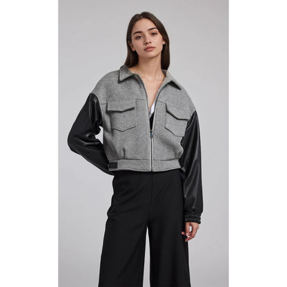 Color-Blocked Cropped Jacket with PU Leather Sleeves