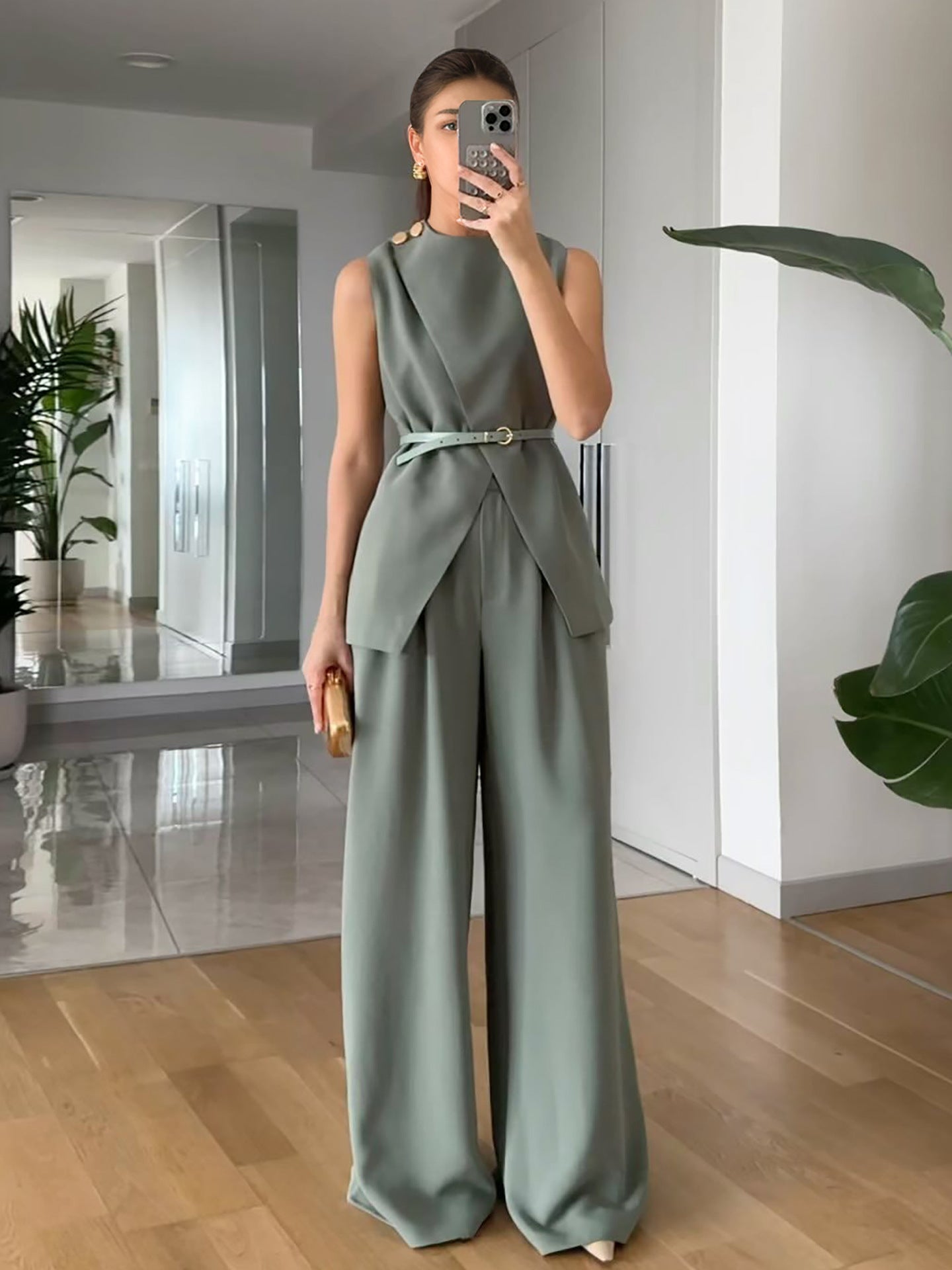 Solid Color Two-Piece Set with Sleeveless Top and Wide-Leg Trousers