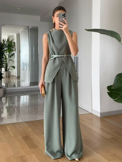 Solid Color Two-Piece Set with Sleeveless Top and Wide-Leg Trousers