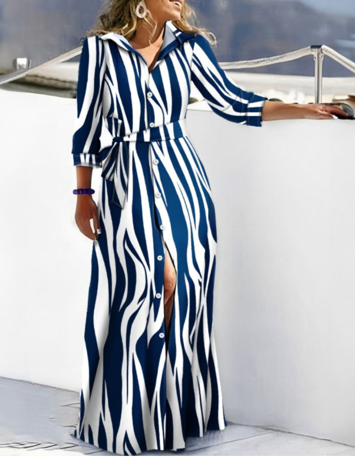 Wavy Striped Maxi Shirt Dress with V-Neck and Belt