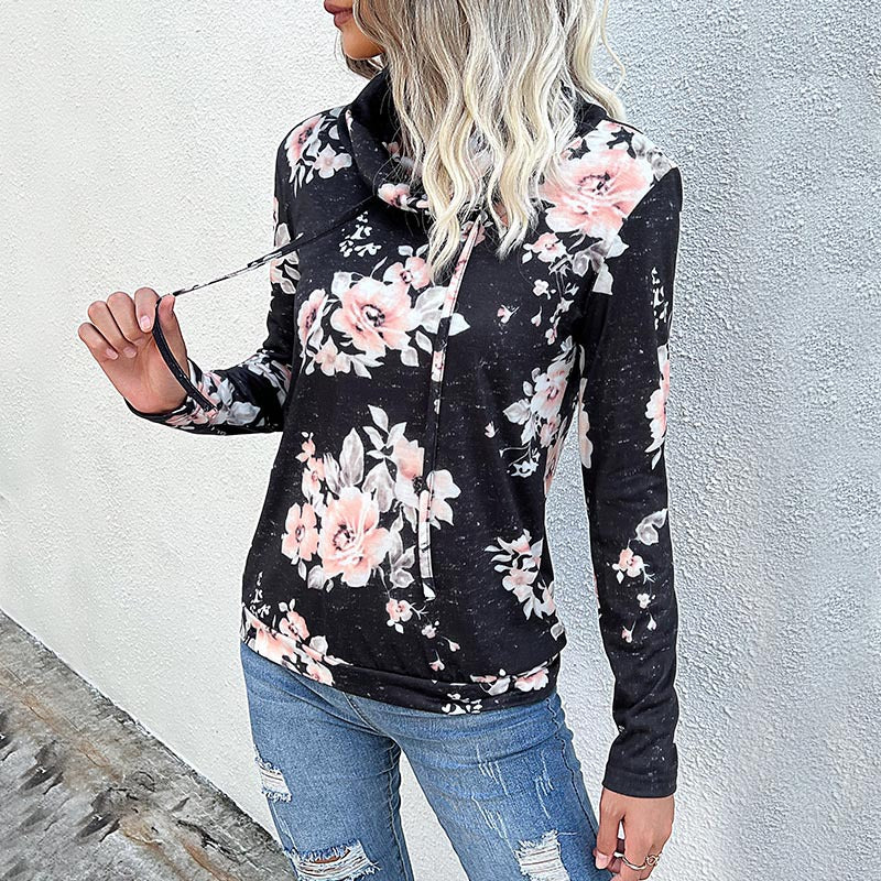 Floral Print Sweatshirt with Cowl Neck and Drawstring