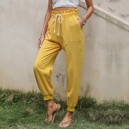High-Waist Cotton Linen Joggers with Paperbag Waist and Drawstring