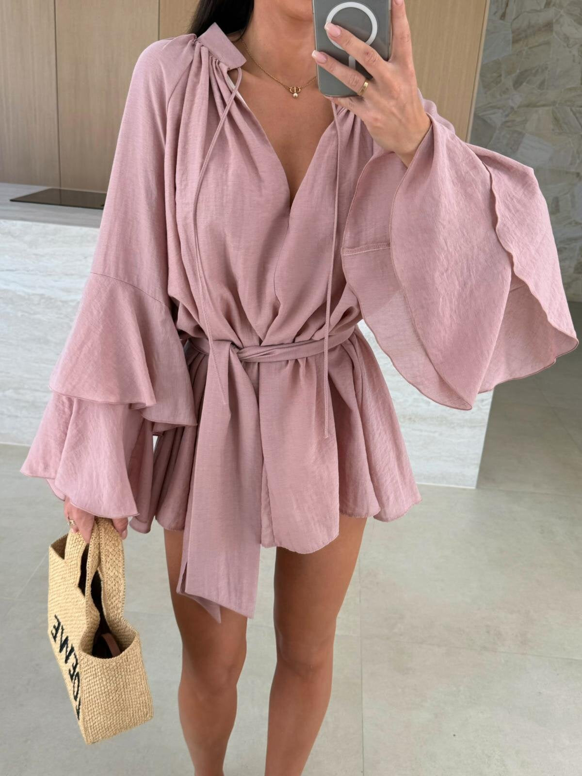 Loose Mini Dress with Tiered Bell Sleeves and Tie-Waist