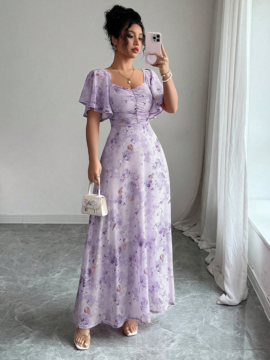 Floral Print Maxi Dress with Flutter Sleeves and Ruched Bust