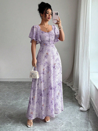 Floral Print Maxi Dress with Flutter Sleeves and Ruched Bust