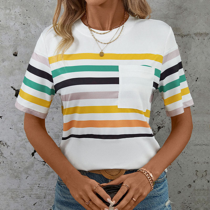 Colorful Striped Short-Sleeve T-Shirt with Pocket