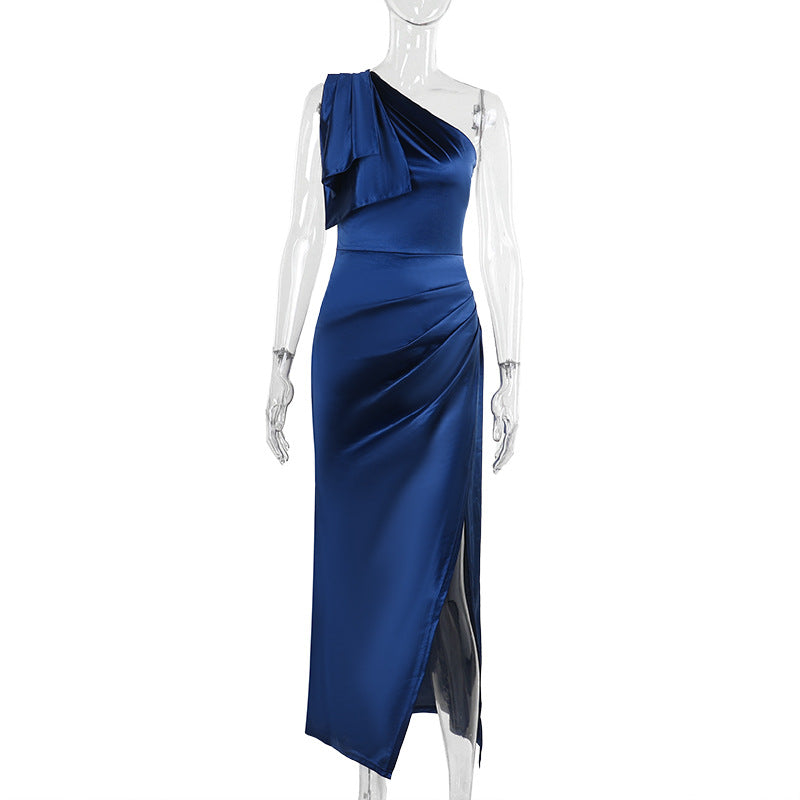 One-Shoulder Satin Maxi Dress with Ruffle Detail and High Slit