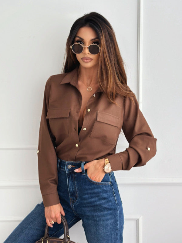 Solid Color Button-Up Shirt with Chest Pockets and Roll-Tab Sleeves