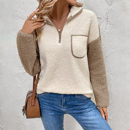 Color Block Sherpa Pullover with Quarter-Zip Stand Collar