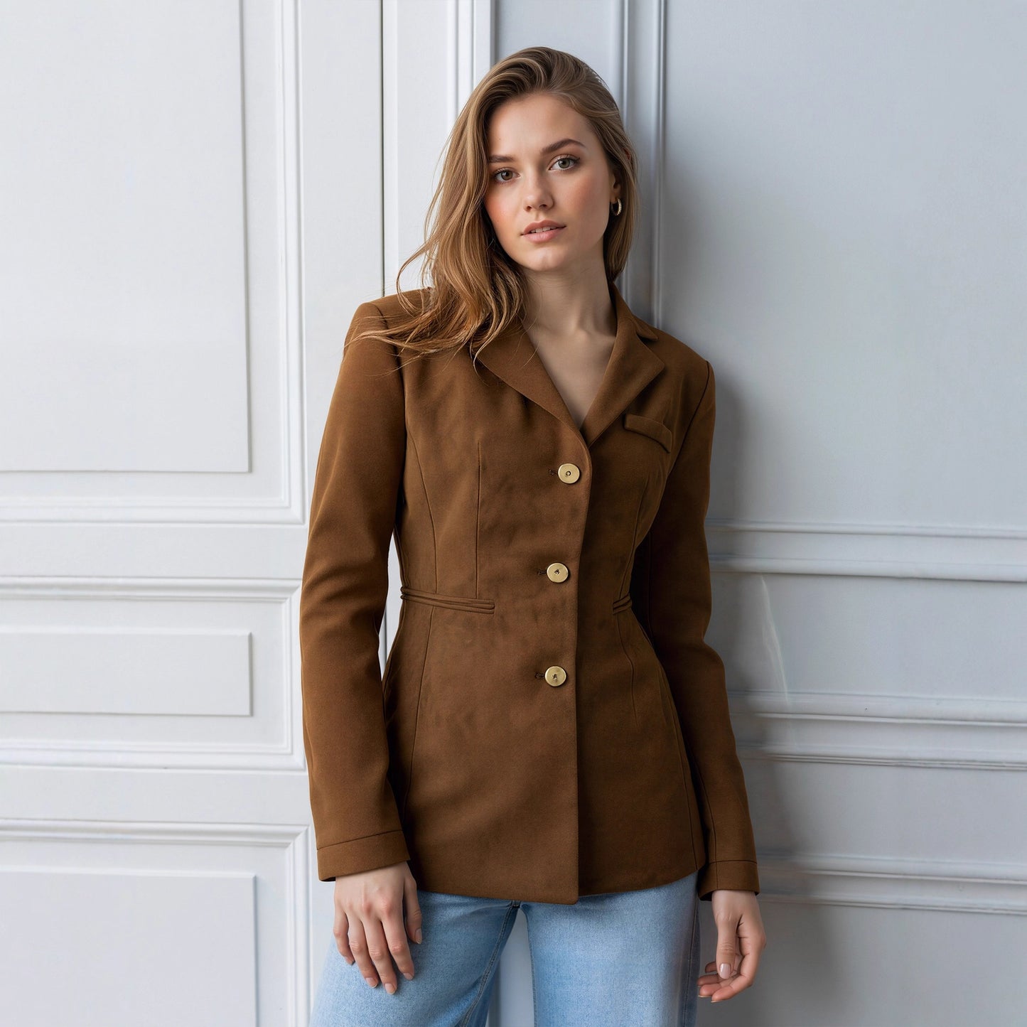Solid Lapel Blazer with Gold Buttons and Belted Back