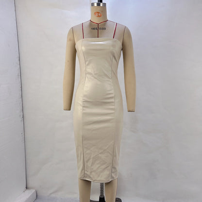 Strapless Midi Dress With Splicing Detail Solid Color Pu Leather