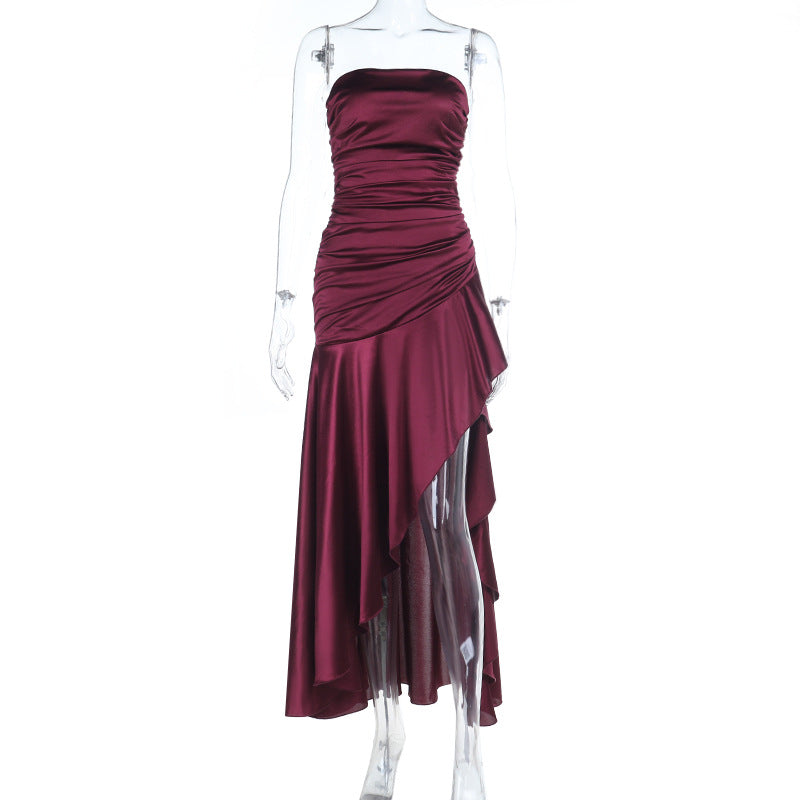 Strapless Ruched Satin Maxi Dress with Asymmetrical Ruffle Hem