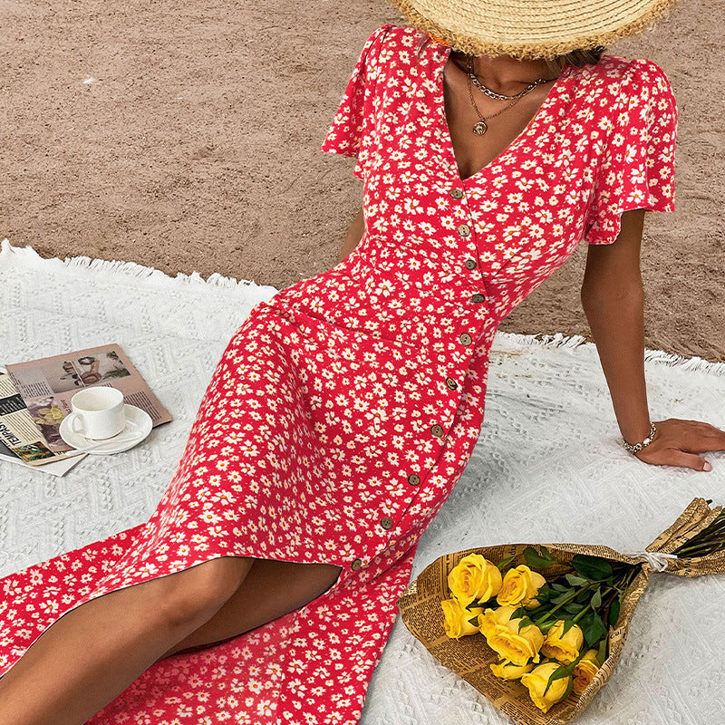 Floral Print V-Neck Dress with Button Front and Slit