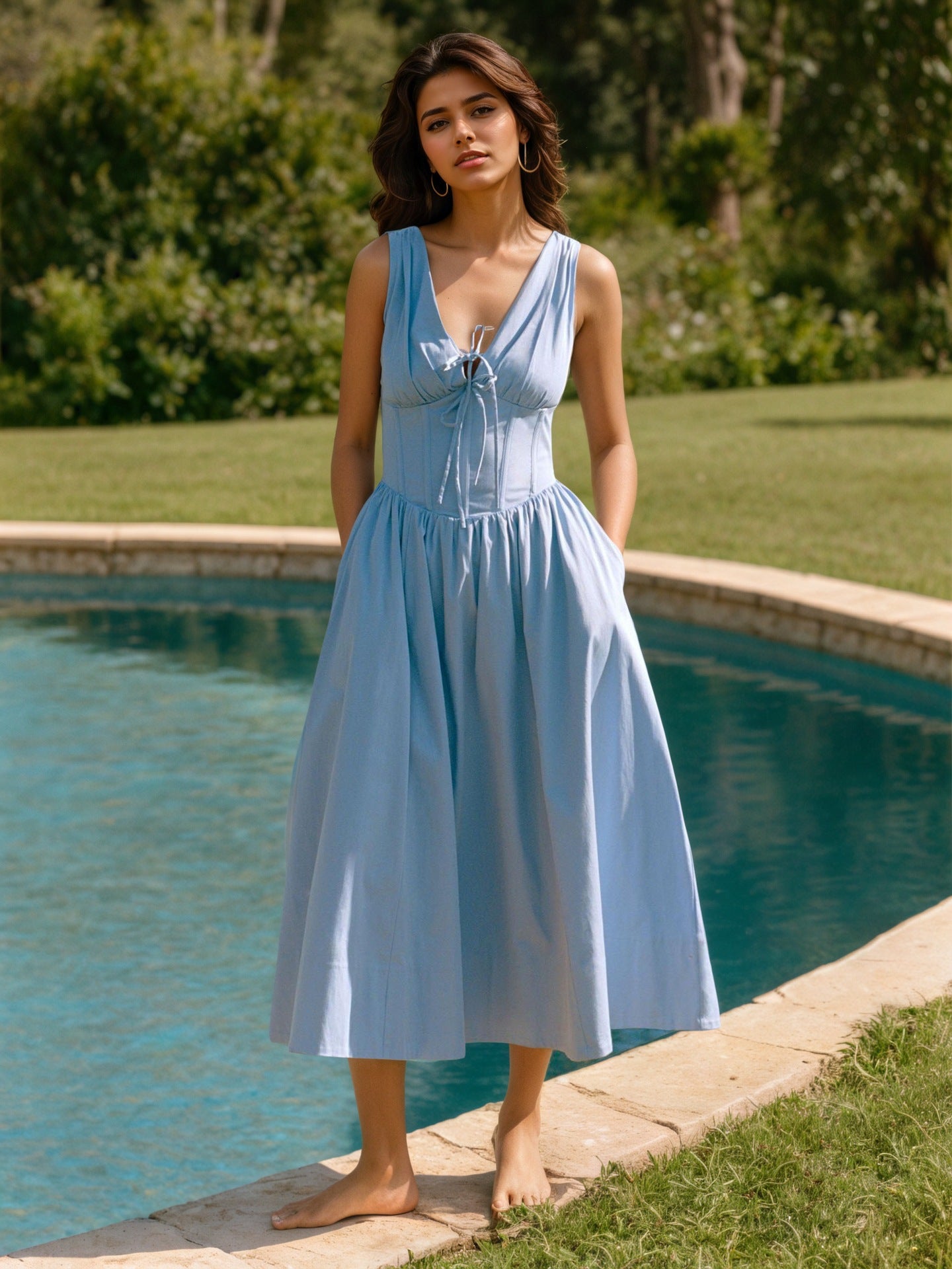 A-Line Midi Dress with V-Neck and Lace-Up Bodice