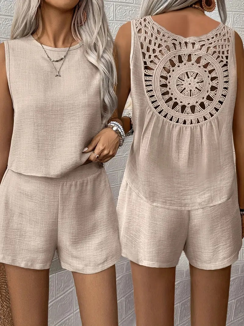 Solid Color Sleeveless Shorts Set with Hollow Lace Back