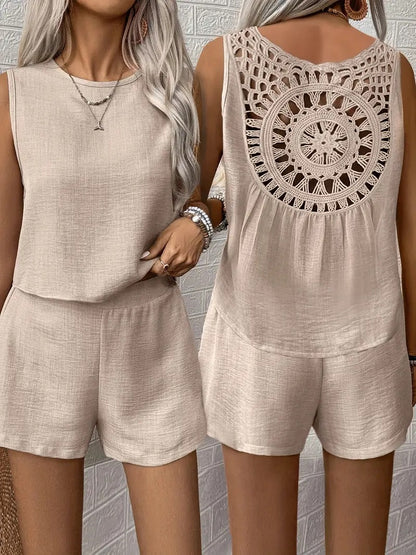 Solid Color Sleeveless Shorts Set with Hollow Lace Back