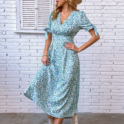 A-Line Floral Midi Dress with V-Neck and Tie Sleeves