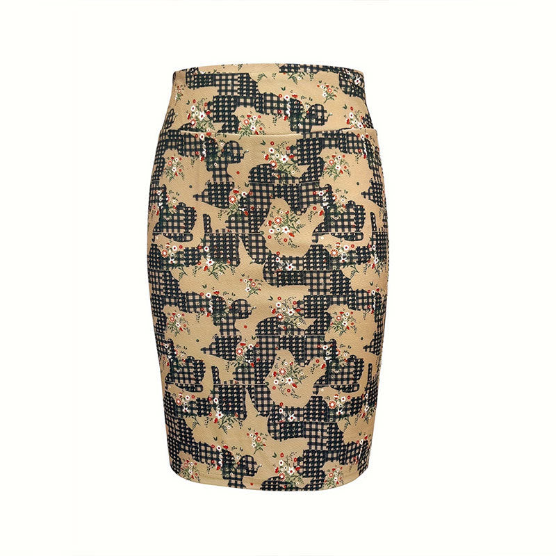 Bodycon Midi Skirt with Floral Gingham Pattern