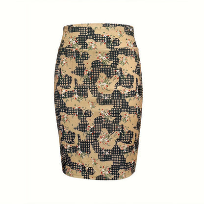 Bodycon Midi Skirt with Floral Gingham Pattern