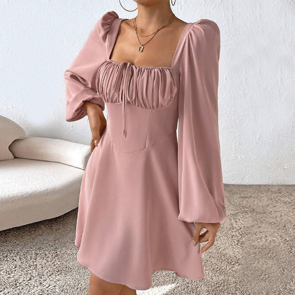Square Neck A-Line Dress with Ruched Bust and Bubble Sleeves