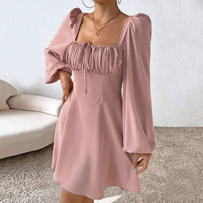 Square Neck A-Line Dress with Ruched Bust and Bubble Sleeves