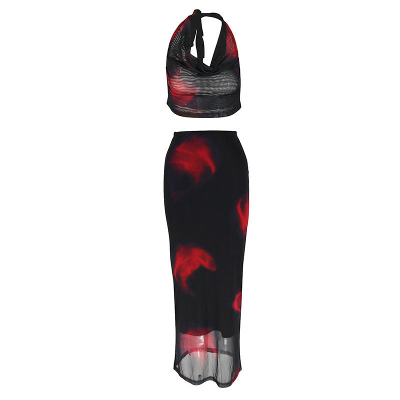 Printed Mesh Halter Maxi Skirt Set with Cowl Neck
