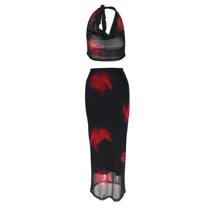 Printed Mesh Halter Maxi Skirt Set with Cowl Neck