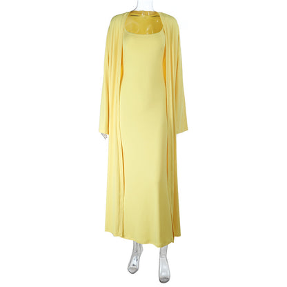Solid Bodycon Maxi Dress and Long Cardigan Two-Piece Set
