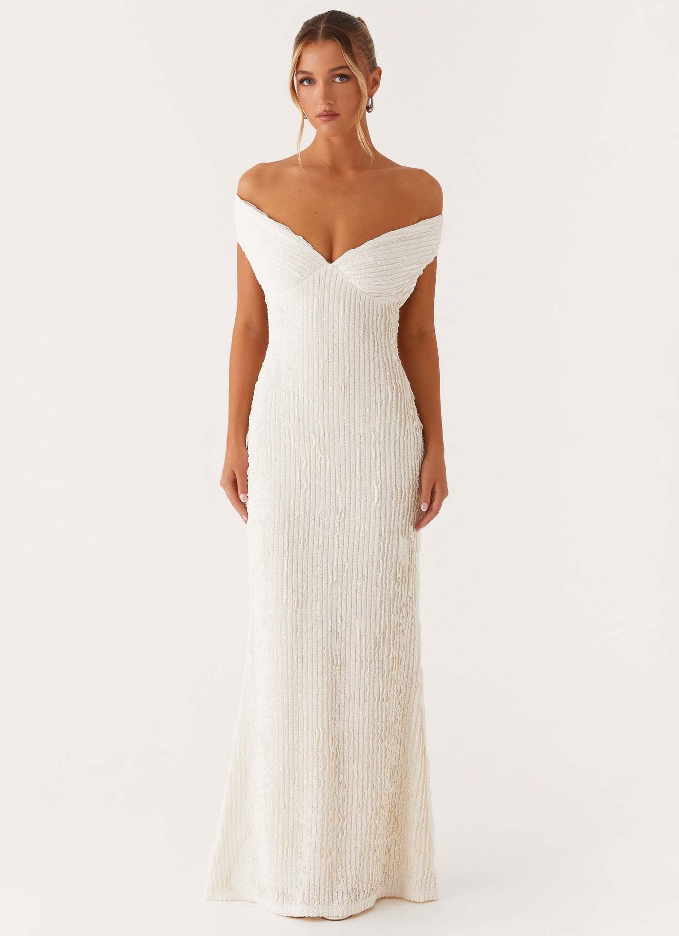 Textured Knit Pencil Maxi Dress with Off-the-Shoulder V-Neck