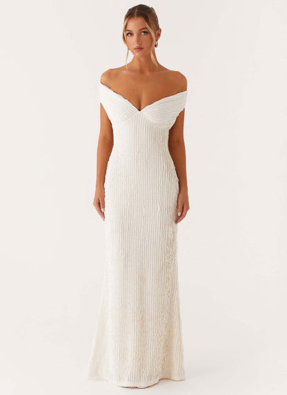 Textured Knit Pencil Maxi Dress with Off-the-Shoulder V-Neck