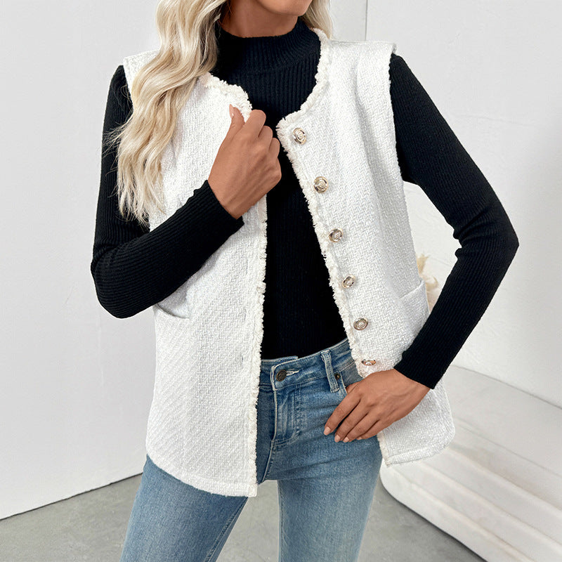 Solid Tweed-Style Vest with Fringed Trim and Gold Buttons
