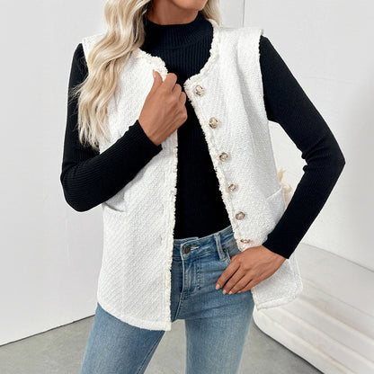 Solid Tweed-Style Vest with Fringed Trim and Gold Buttons