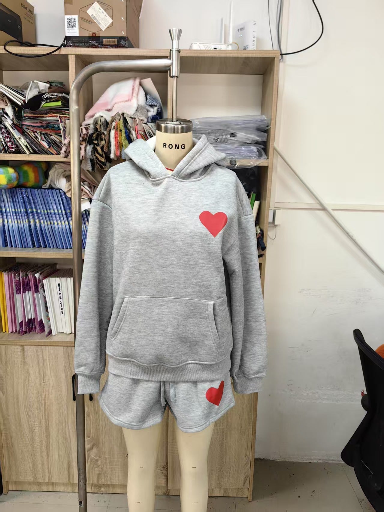 Loose Fit Heart Print Hoodie and Shorts Two-Piece Set