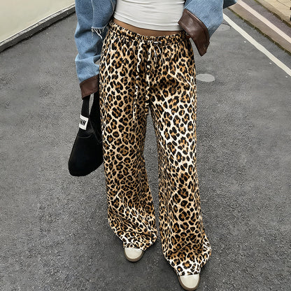 Leopard Print Wide-Leg Pants with Low-Rise Drawstring Waist