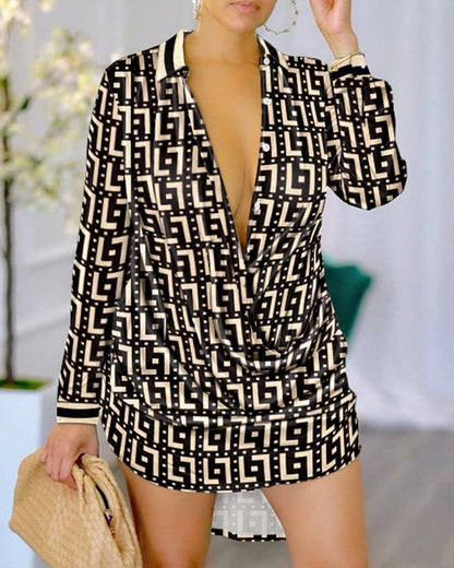 Chain Print Mini Shirt Dress with Draped Front