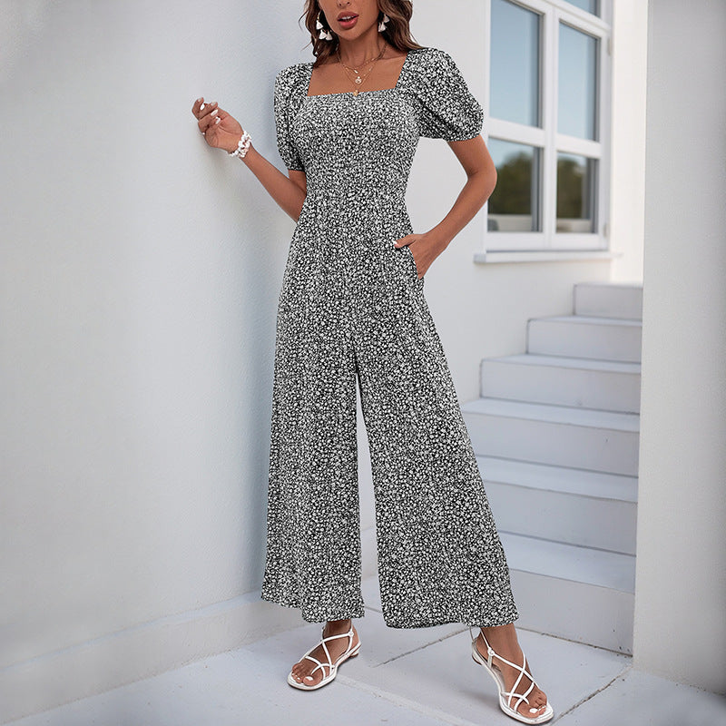 Smocked Floral Jumpsuit with Square Neck and Wide Legs