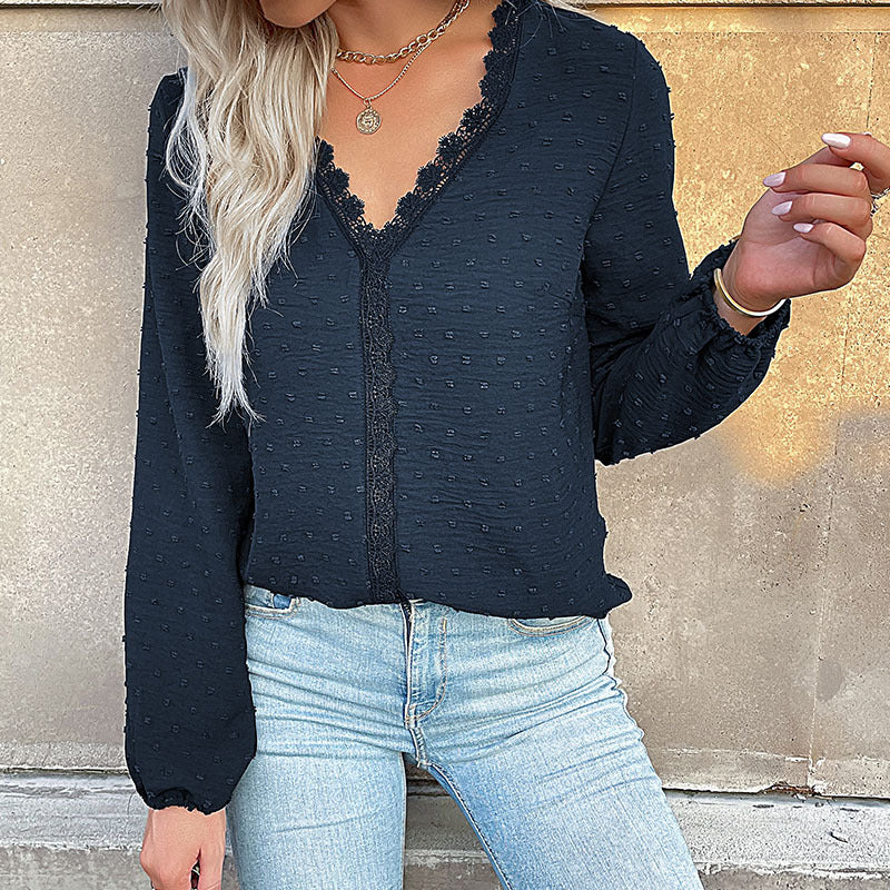 Solid Dotted Long-Sleeve Blouse with Lace Trim