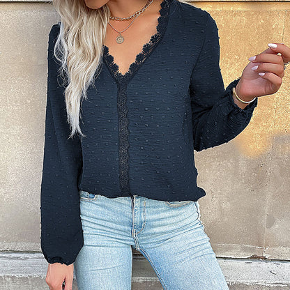 Solid Dotted Long-Sleeve Blouse with Lace Trim