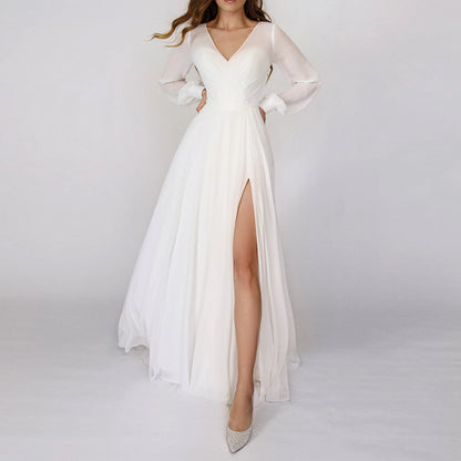Chiffon Maxi Dress with V-Neck, Long Sleeves, and High Slit