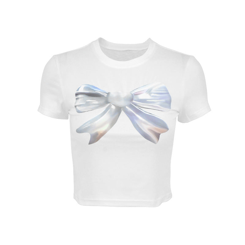 Bow Print Crop Top with Slim Fit and Round Neck