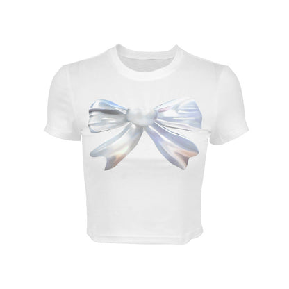 Bow Print Crop Top with Slim Fit and Round Neck