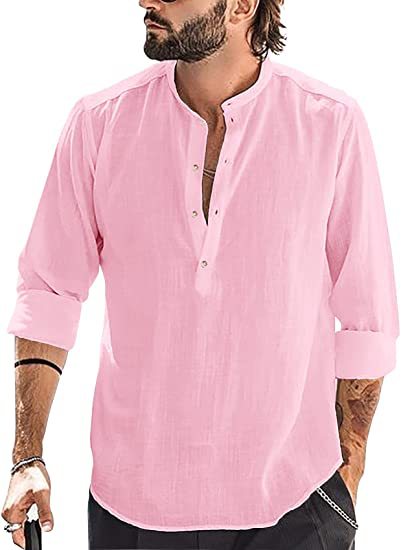 Loose Fit Cotton Blend Henley Shirt with Mandarin Collar