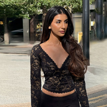 Cropped Sheer Lace Top with V-Neck and Long Sleeves