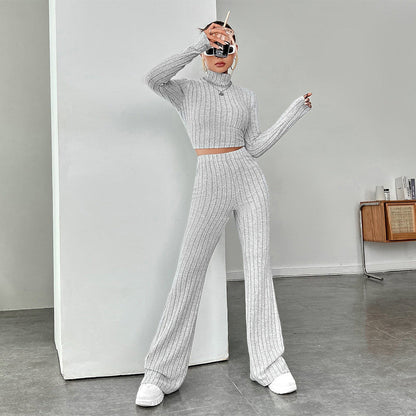 Ribbed Knit Two-Piece Set with Mock Neck and Wide-Leg Trousers
