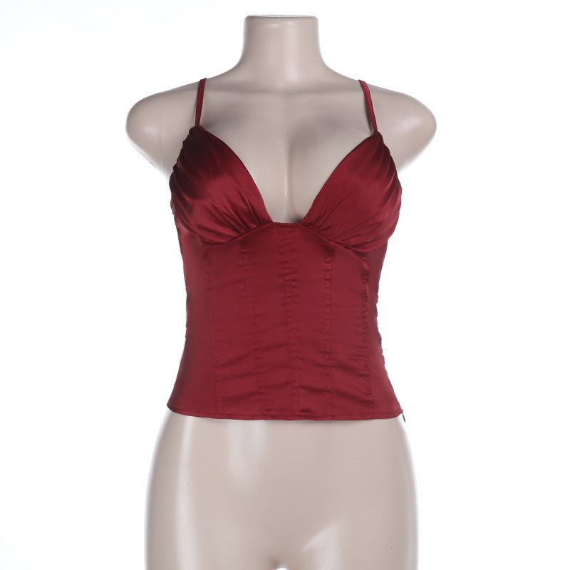 Slim Fit Satin Corset Top with V-Neck and Fishbone Boning